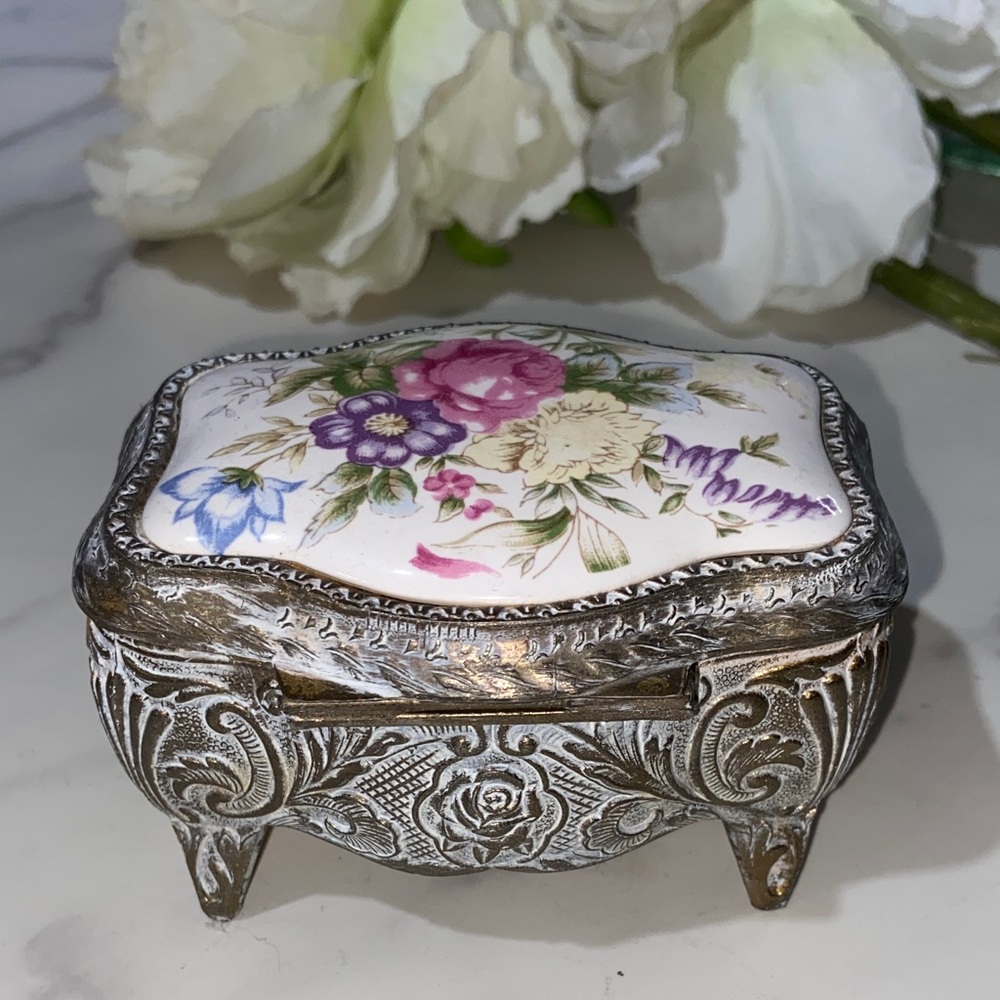 Floral Porcelain and Metal jewelry Trinket Box